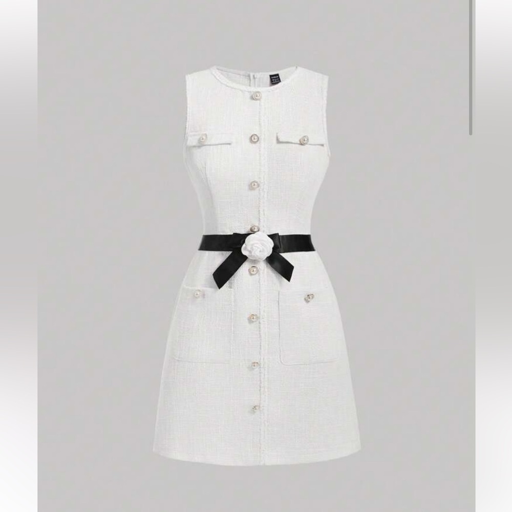 Shein camellia flower tweed white mini dress